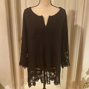 Black 3/4 Sleeve Top With Crochet Detail